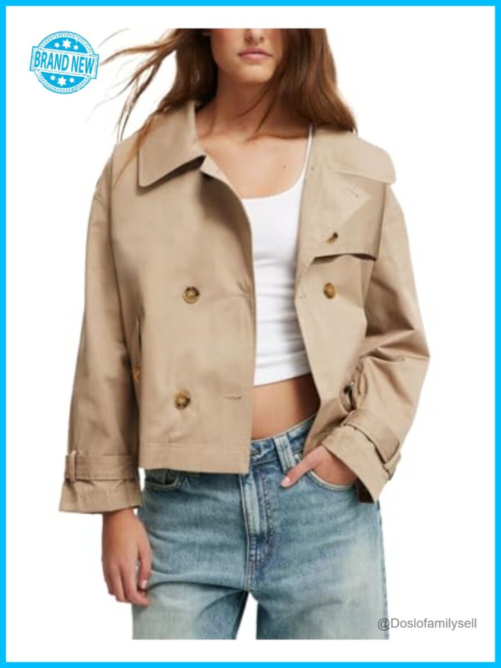 Cropped Trench Coat Double Breasted Notched Lapel Loose Belted Cuffs